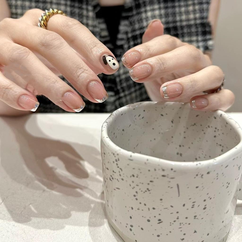 Hand-painted Cartoon Puppy Hand-worn Nail Magic Mirror French White Nude Simple Nail Patch Fake Nails