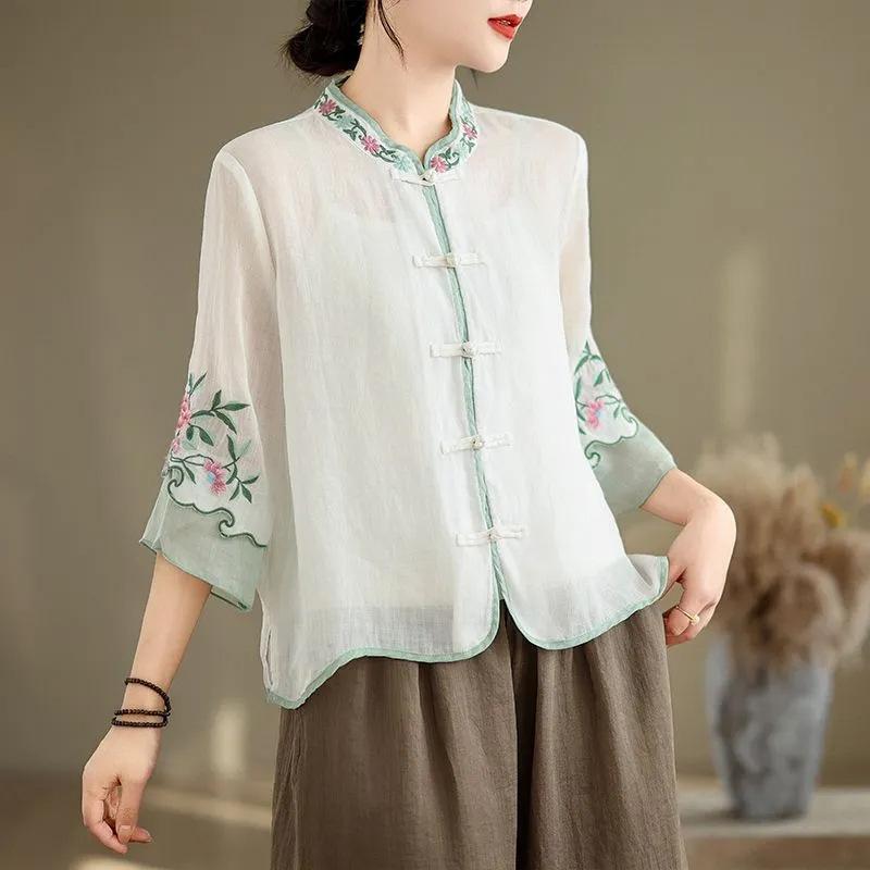 Cotton and linen new summer retro ethnic stand-up collar embroidered shirt women's retro disc buckle color matching seven-quarter sleeve top loose