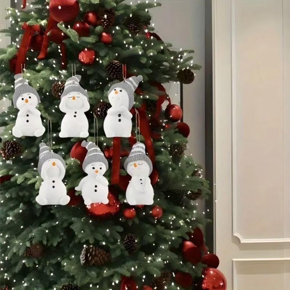 6Pcs Cute Christmas Snowman Pendant Cartoon Wooden Snowman Christmas Tree Pendant with Lanyard Hanging