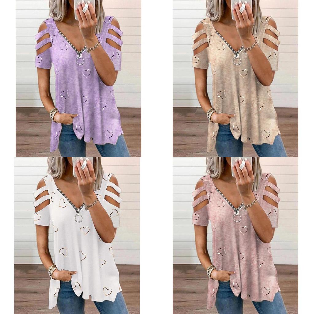 Short Sleeve T Shirt With Zipper Print Cotton Blend For Casual Streetwear