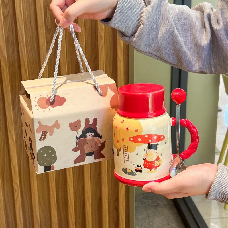 Cute retro kettle high value boys and girls ceramic mug with lid large capacity water cup birthday gift practical