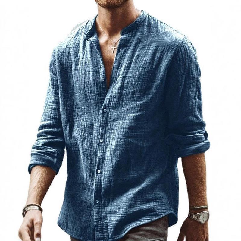 New Arrival Men's Solid Colour Casual Stand Collar Long Sleeve Shirt Linen Cardigan