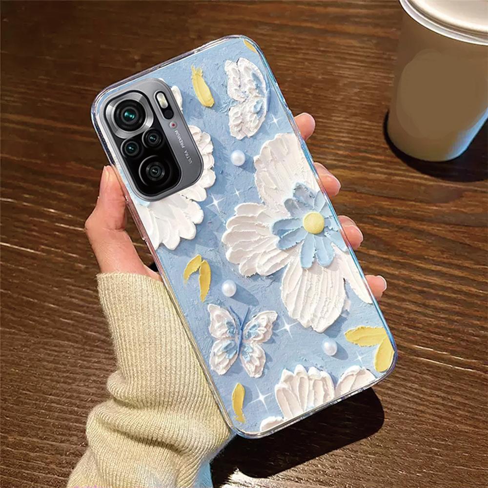 

Flower Oil Painting Phone Case For Xiaomi Redmi Note 10 10S Pro 4G Cover Silicone Poco M5S Rose Transparent Clear Redni Note10 Redmi 9C