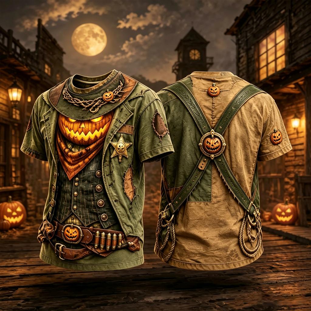 Halloween T-Shirt with Western Sheriff Pumpkin Print - Short Sleeve Casual Tee for Men and Women