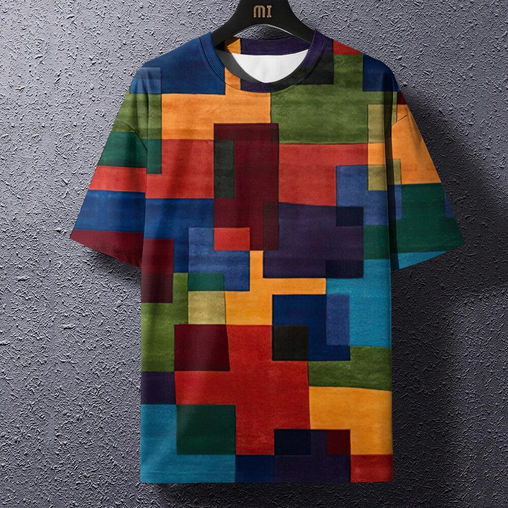 

Ретро мужские футболки с клетчатым принтом Футболки в стиле пэчворк О-образный вырез Блузка с коротким рукавом Топы свободного покроя Мужские модные футболки в стиле Харадзюку L