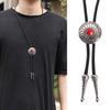 Vintage Bolo Tie Necktie Artificial Leather Braided Rope Necklace with Metal Sunflower Stone Pendant Jewelry Neckwear