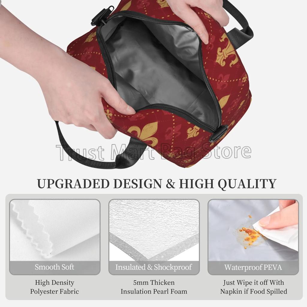 Heraldic Red Lis Expensive Kingly Gold Lily LYS Fleur Pattern Insulated Lunch Bag Reusable Portable Thermal Bento Tote for Work