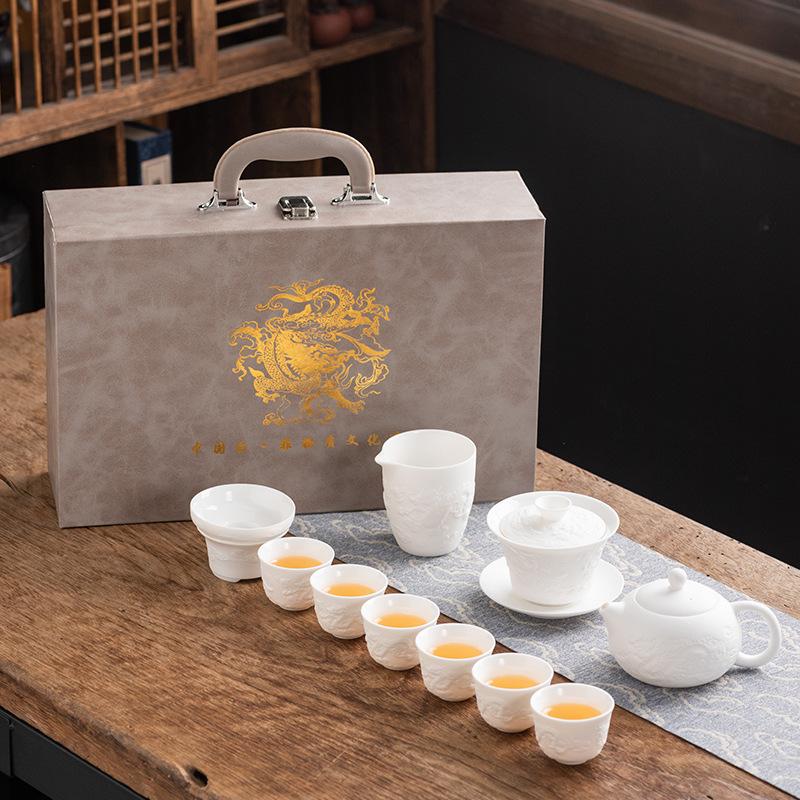 Embossed Tenglong Kung Fu Tea Set Gift Box Set Boutique Suet Jade Porcelain High-end Business Gifts Leading Customers