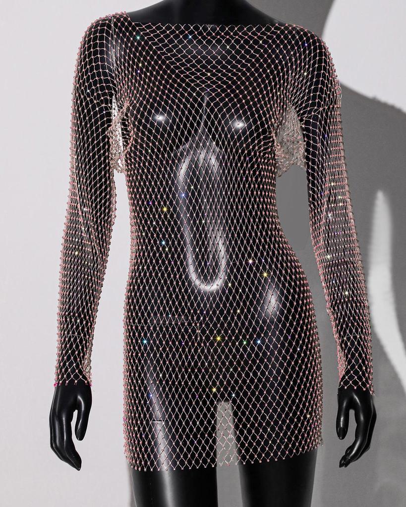 Damen Strass Fischnetz Rückenfreies Langarm Sexy Überwurfkleid