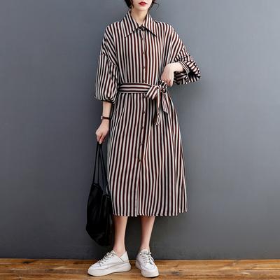 Robe chemise à rayures style britannique à manches longues Printemps Décontractée Coupe ample Ceinture à nouer Robe midi pour femme