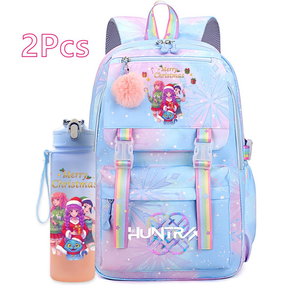2Pcs/set Christmas K-pop Printed Backpack with 750Ml Water Bottler Large Capacity Travel Bag for Teenager Girl Boy Bookbag Kid Gift Large Capacity Bag