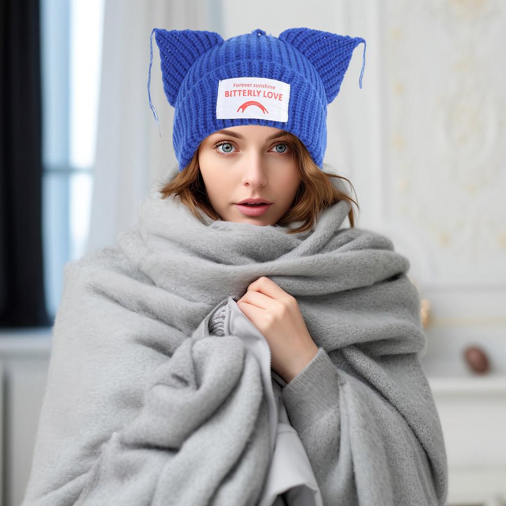 Süßer doppelwandiger Loverboy Katzenohren Strickmütze mit Kapuze Nischen-Design Strickmütze Weich Hip-Hop Persönlichkeit Kältehut Unisex
