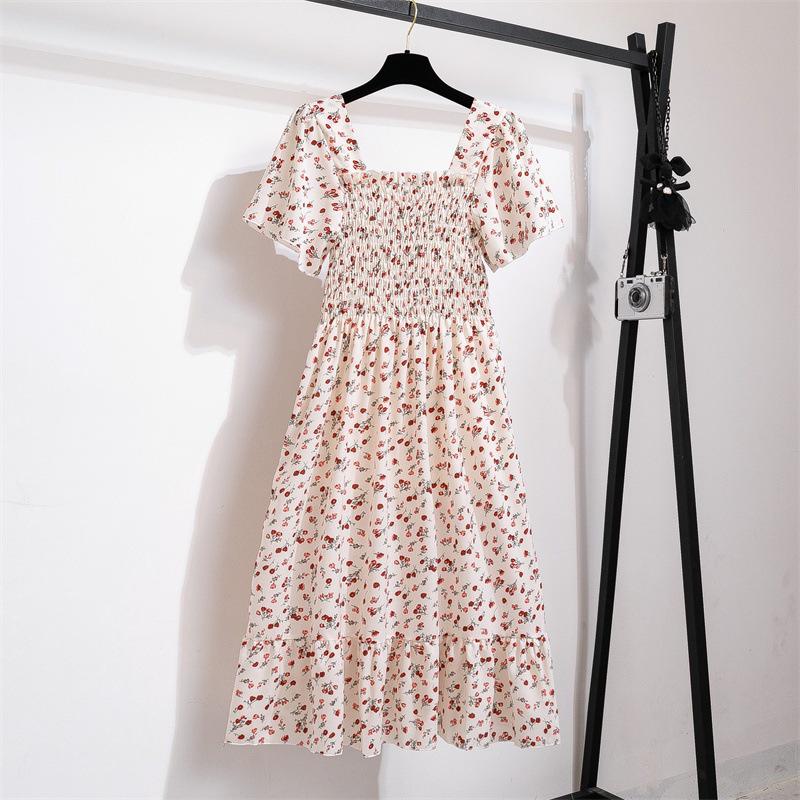 Spring Floral Square Neck Lace Midi Dress with Puff Sleeves