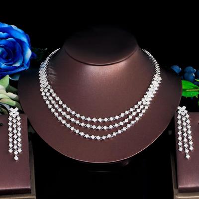 CMM Bling blanco Cubic Zirconia Color plata 3 capas vestido de novia collar y pendientes conjuntos de joyería