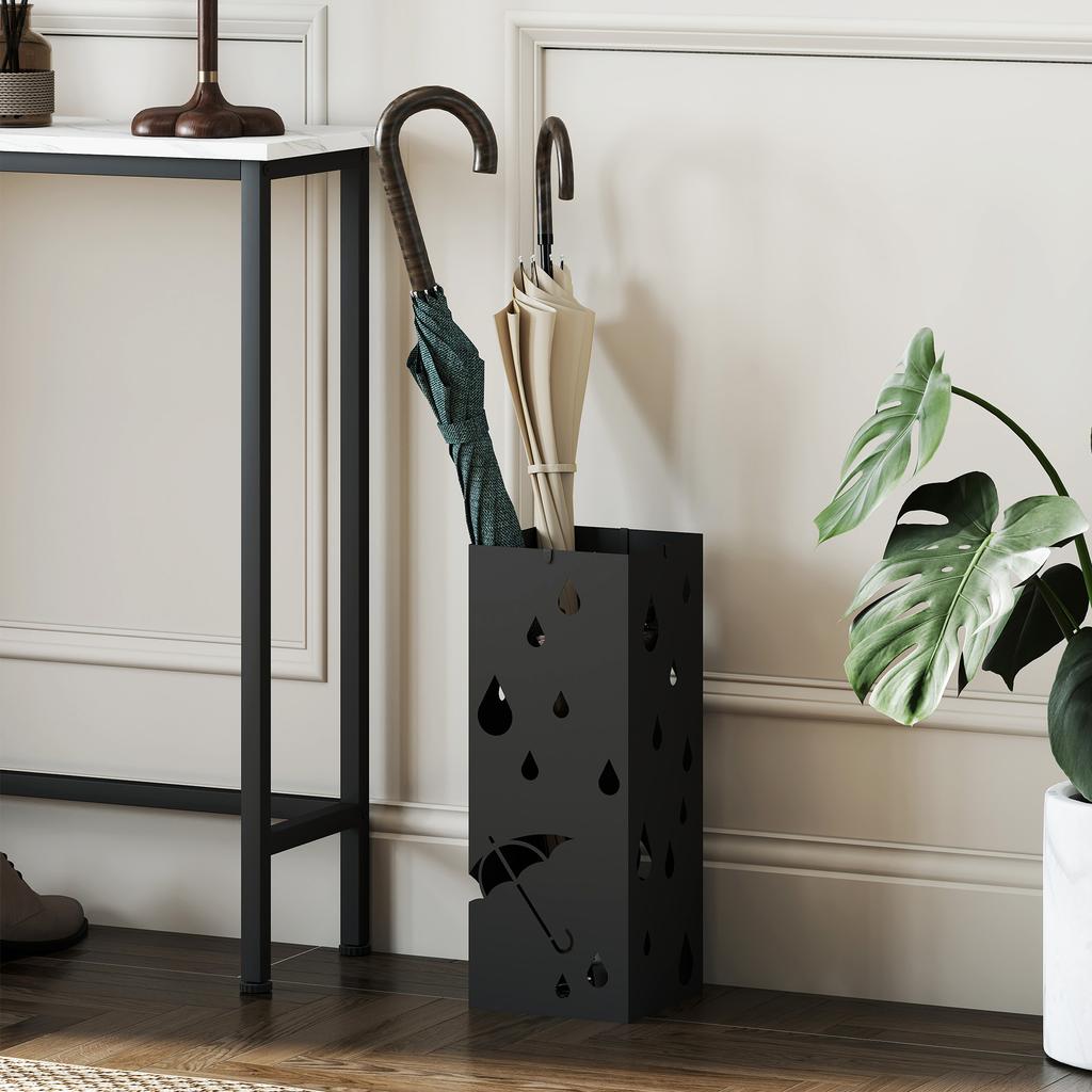 Steel Umbrella Stand, Square Umbrella Holder with 4 Hooks and Removable Drip Tray, Hollowed Umbrella Basket for Hallway, Black