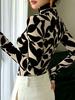 Women's Vintage Art Print High-neck Long-sleeve Top, Floral Print, Slim Fit, Elegant and Versatile, Stylish for Everyday Wear