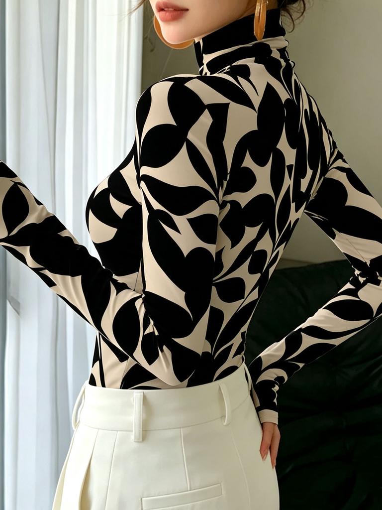 Women's Vintage Art Print High-neck Long-sleeve Top, Floral Print, Slim Fit, Elegant and Versatile, Stylish for Everyday Wear