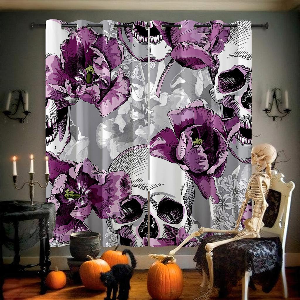 Horror Skull Floral 3D Printed Curtains Retro Gothic Curtains Halloween Party Decorative Curtains Home Decor 2 Pieces