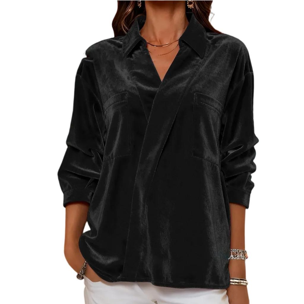 Fashionable Women's V-neck Versatile Velvet Lapel Shirt Women's Long Sleeved Shirt