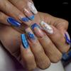 Gradient Nude-Pink & Blue Press-On Nails with Gold Foil & Floral Designs - Removable Box