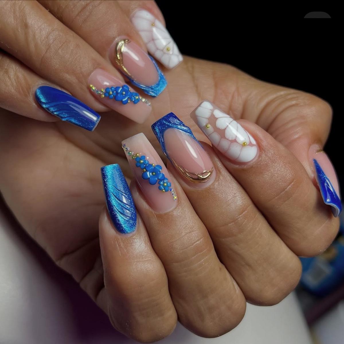 Gradient Nude-Pink & Blue Press-On Nails with Gold Foil & Floral Designs - Removable Box королевский синий