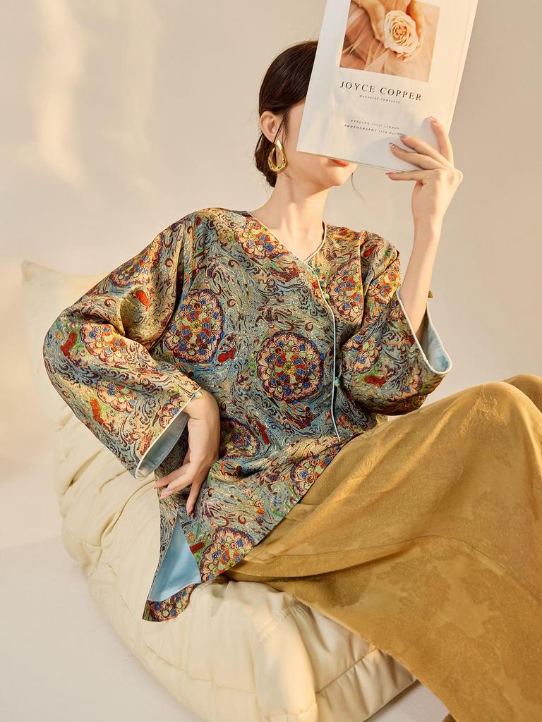 High-End Asymmetrical Embroidered Silk Print Jacket, Chinese Style, Autumn Top N8042