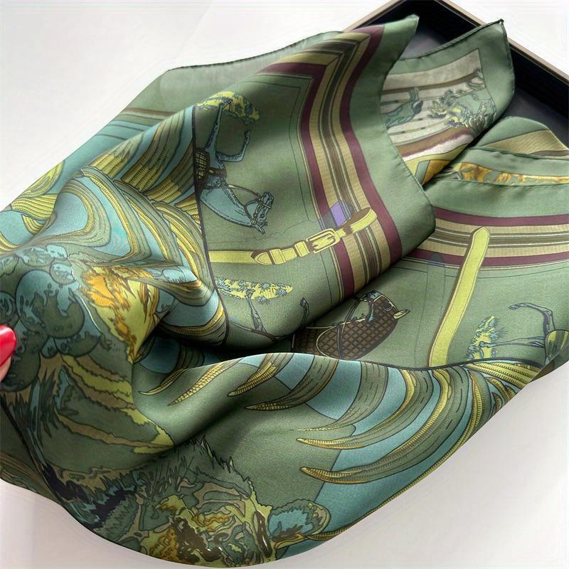Spring Summer Retro Horse Print Neckerchief Green Square Scarf Women Breathable Imitation Silk Neckerchief