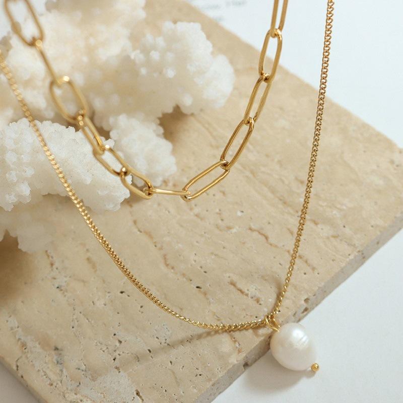316L Stainless Steel New Fashion Fine Jewelry Minimalism 2-Layer Pearl Charm Chain Choker Necklaces Pendants For Women