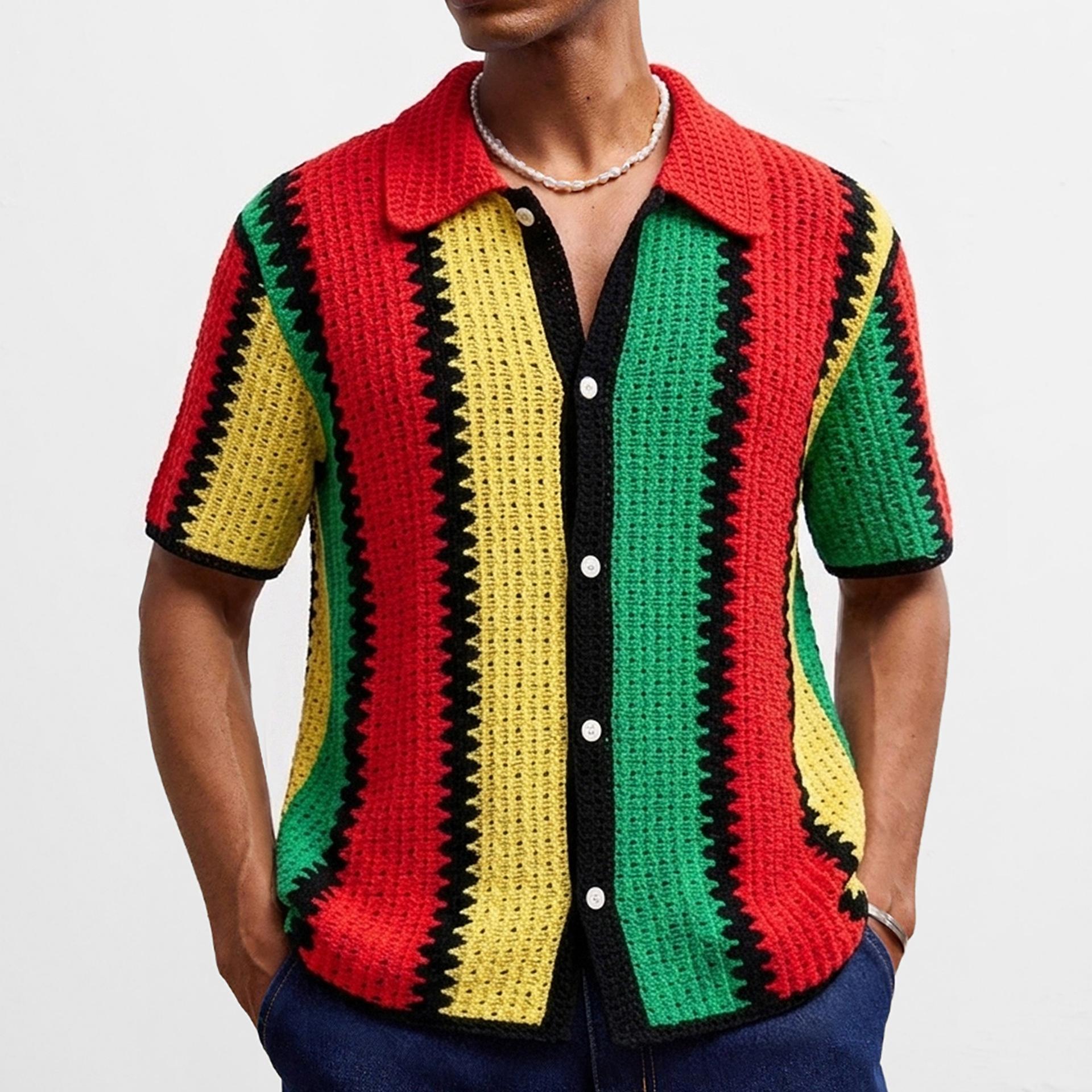 ULTIMATE Zomer Korte Mouw Vintage Gebreide Overhemden voor Mannen Golf Strand Overhemden met Kraag Tops Heren Casual Knopen Haken Open Gewerkt Strand Vakantie Overhemd 2XL rood