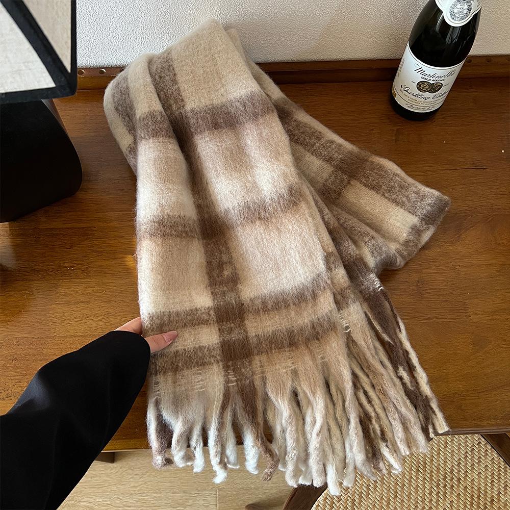 Winter New Mohair Striped Women Scarf Girls Female Warm Thickened Long Scarves Soft Coarse Braid Tassel Shawl Retro Wrap Shawls
