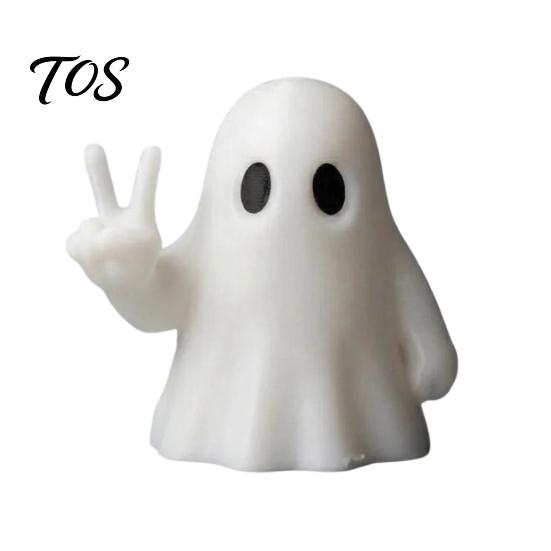 Whimsical Halloween Ghost Statue Figurine with Peace Sign, Spooky White Small Magic Crucible Decor Statue, Cute Tabletop Ornament for Shelf,