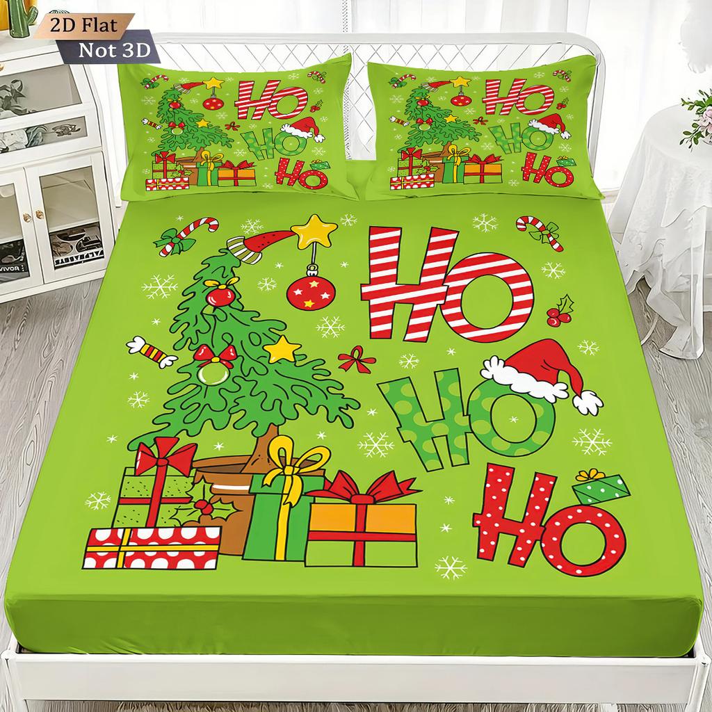 3pcs Merry Christmas HO Green Print Coreless Bed Sheet Set Multi Size Comfortable Bed Cover Bedroom Bedding Holiday Decoration