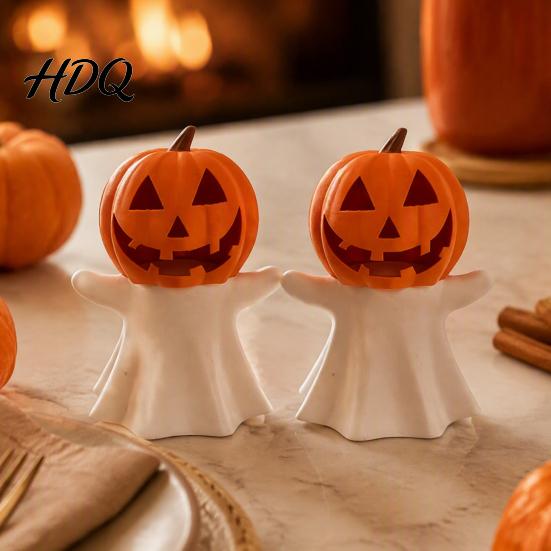 Zucca Decorativa Portacandele Fantasma di Halloween LED Elettronico Supporto Decorazione Festa Autunnale Ornamento Stampato 3D per Festa Casa