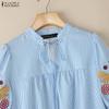 ZANZEA Women Casual V-Neck Summer Short Sleeve Embroidery Stripe Blouse
