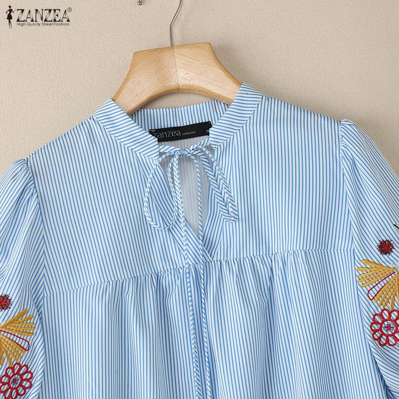 ZANZEA Women Casual V-Neck Summer Short Sleeve Embroidery Stripe Blouse