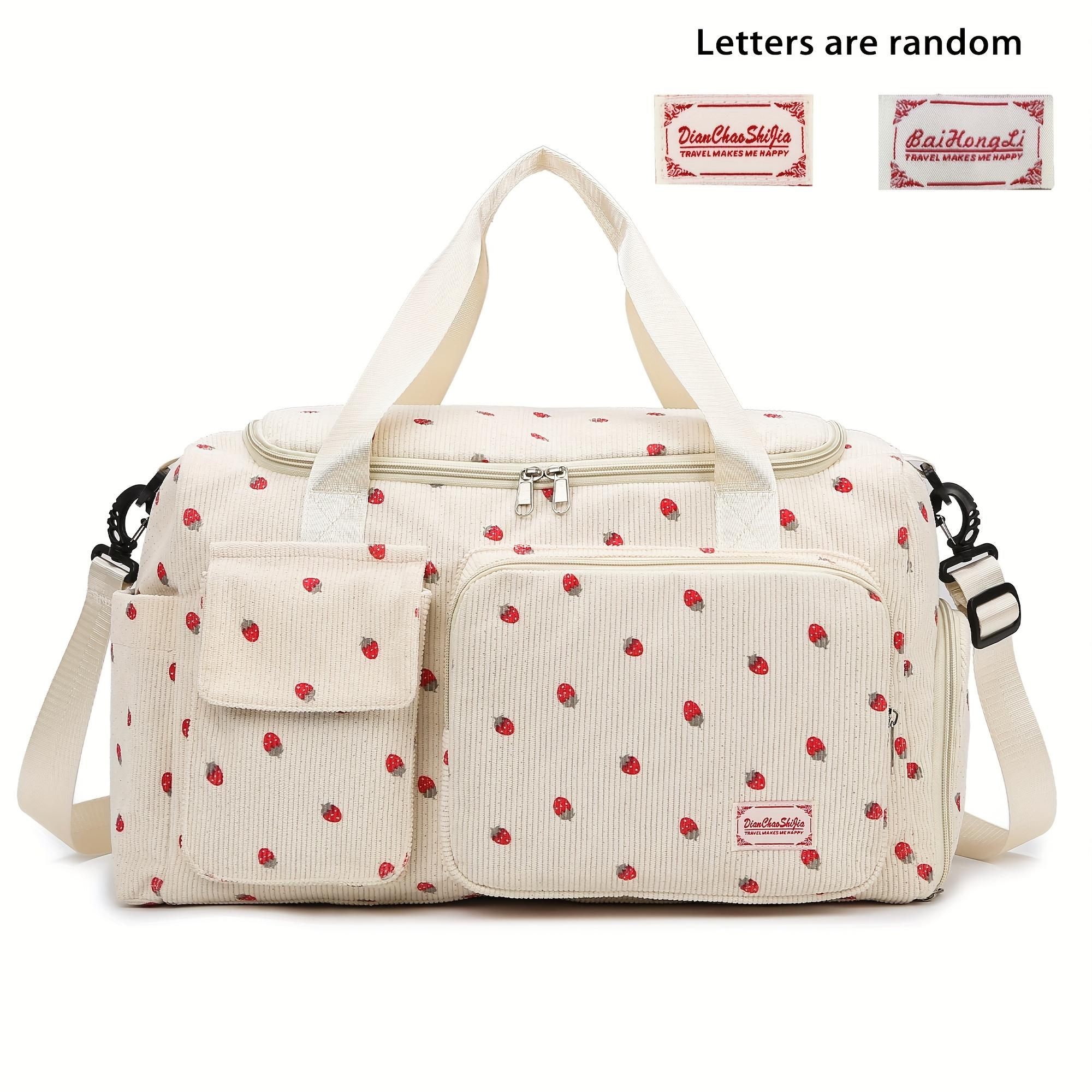 

[Дорожная сумка из вельвета с принтом клубники] Вместительная дорожная сумка из вельвета - многофункциональное разделение для влажной и сухой одежды, отдельный отсек для обуви бежевый