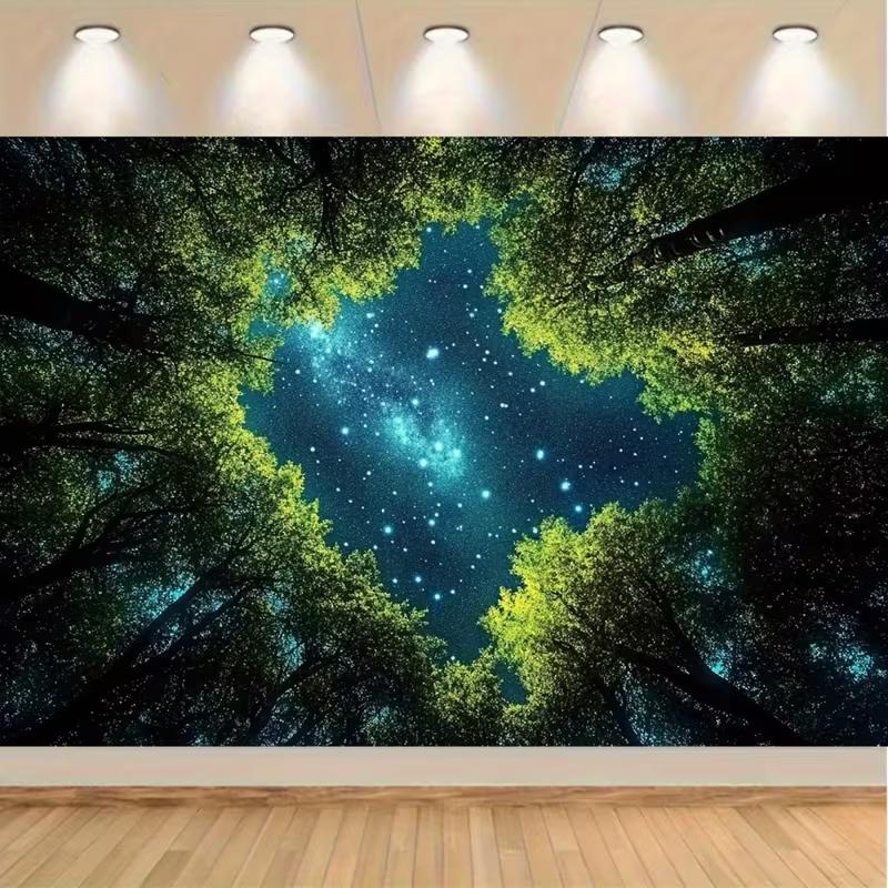 2D Magical Starry Forest Tapestry, Galaxy Sky Peeking Through Tree Branches Wall Hanging