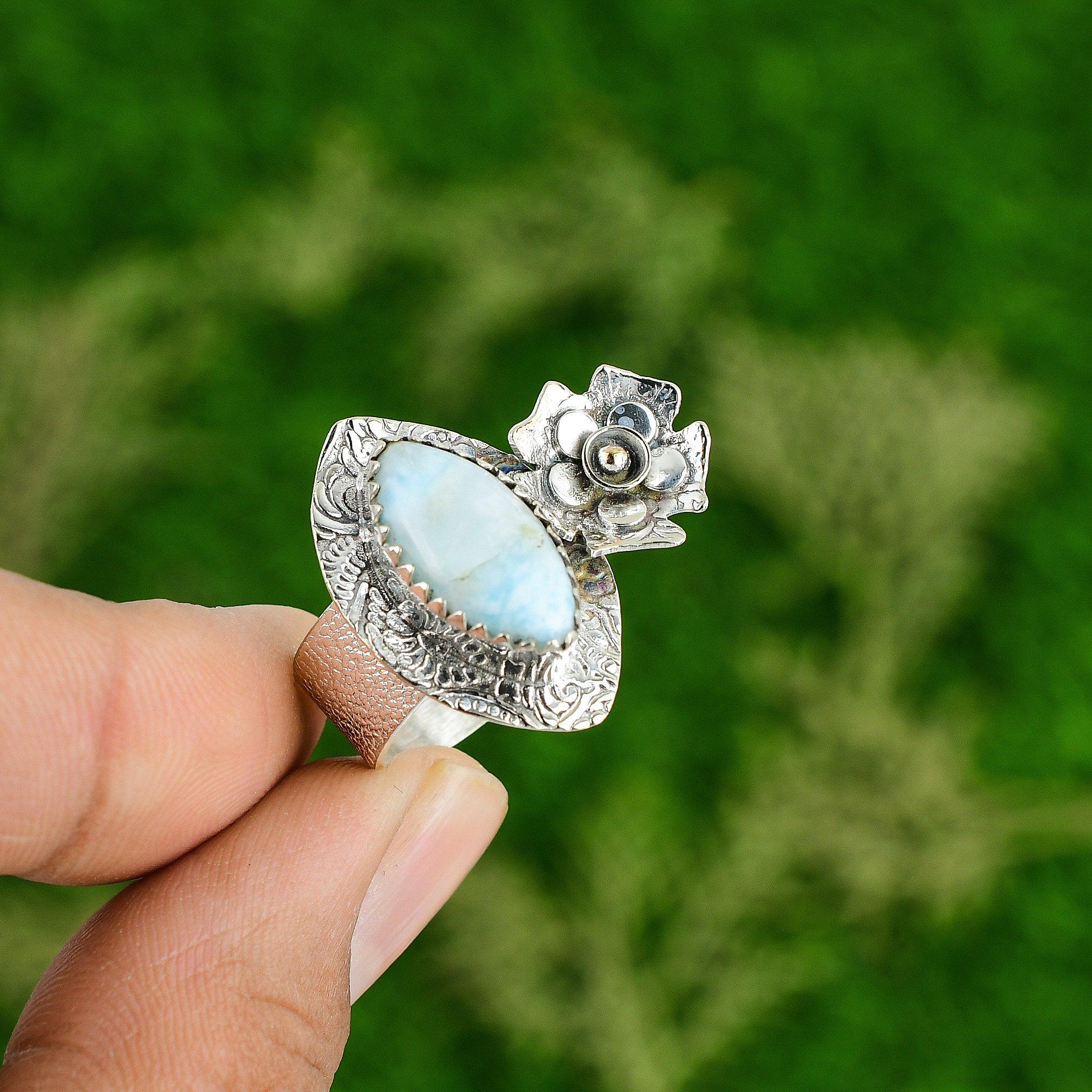 

Natural Larimar Gemstone 925 Silver Promise Flower Ring Size 6.75 For Girls 6.75