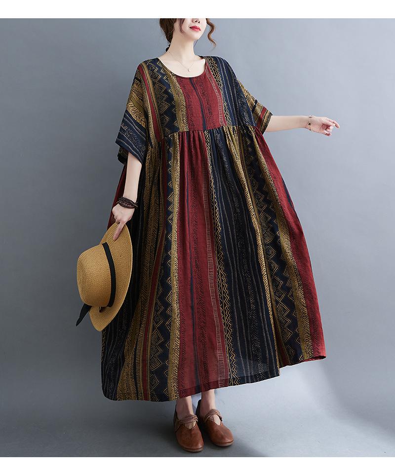 Summer Vintage Round Neck Short Sleeved Striped Dress