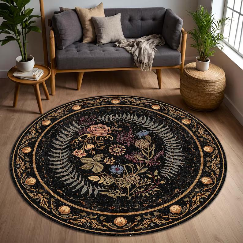 Dark Academia Floral Round Rug Vintage Botanical Print Witchy Gothic Home Decor Mat Soft Non Slip Carpet for Living Room