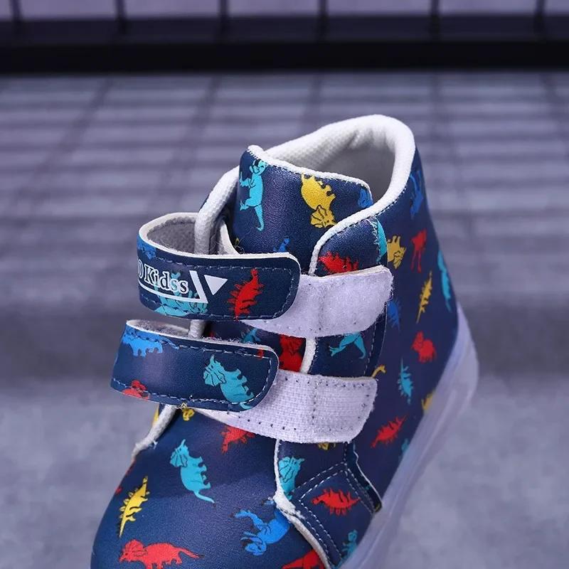 Children's High Top Sneakers 2024 New LED Lighted PU Kids Shoes Fashion Dinosaur Print Boys Casual Shoes Luminous Board Shoes