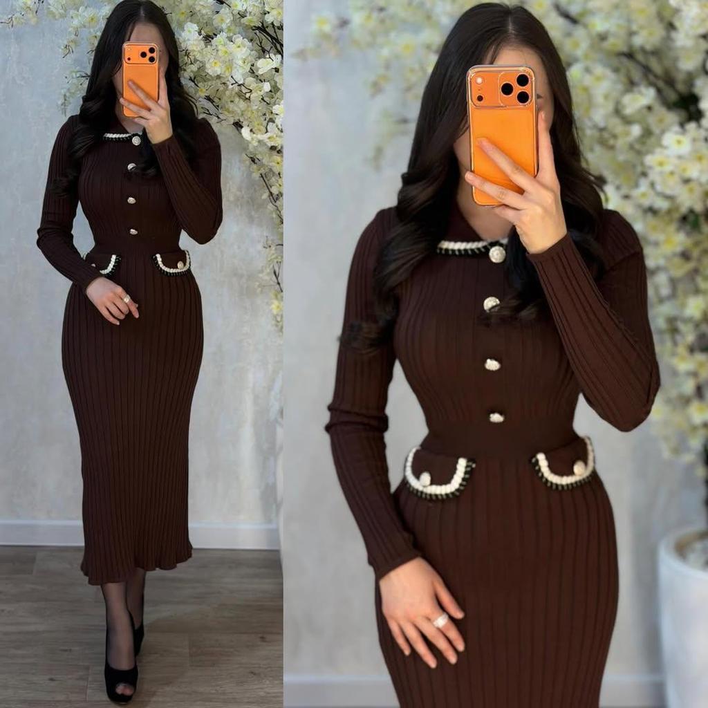 2025 Autumn Women's Slim Fit Long Sleeve Single-Breasted Bodycon Sweater Skirt