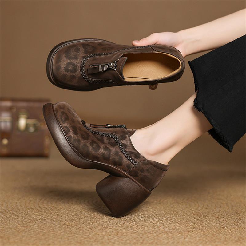 Fashion 2025 New Spring Leopard Print Sheep Leather Woman Shoes Round Toe High Heel Women Pumps Shoes for Women Fashion Platform Loafers