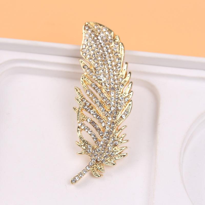 Temperament Full Diamond Feather Brooch Women'S Atmospheric Brooch Simple Pin Retro Suit Accessories