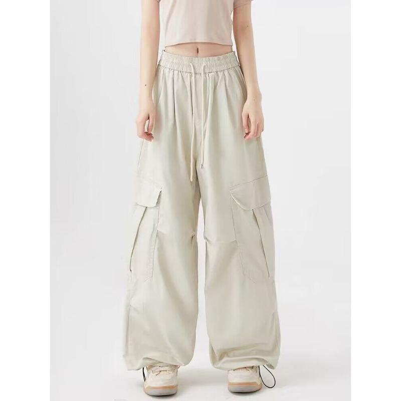 Spring Autumn Elastic Waist Loose Casual Pocket Cargo Pants Women Simple Fashion Solid Color Straight Trousers