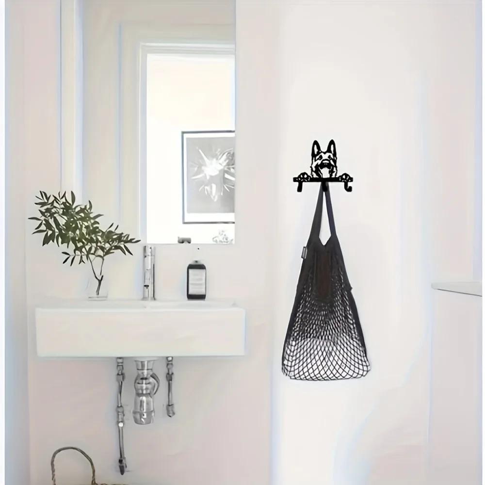 Portrét německého ovčáka Nástěnný háček Černý kovový Stojan na klíče a vodítka se 3 háčky, Ideální do kuchyně, koupelny a ložnice