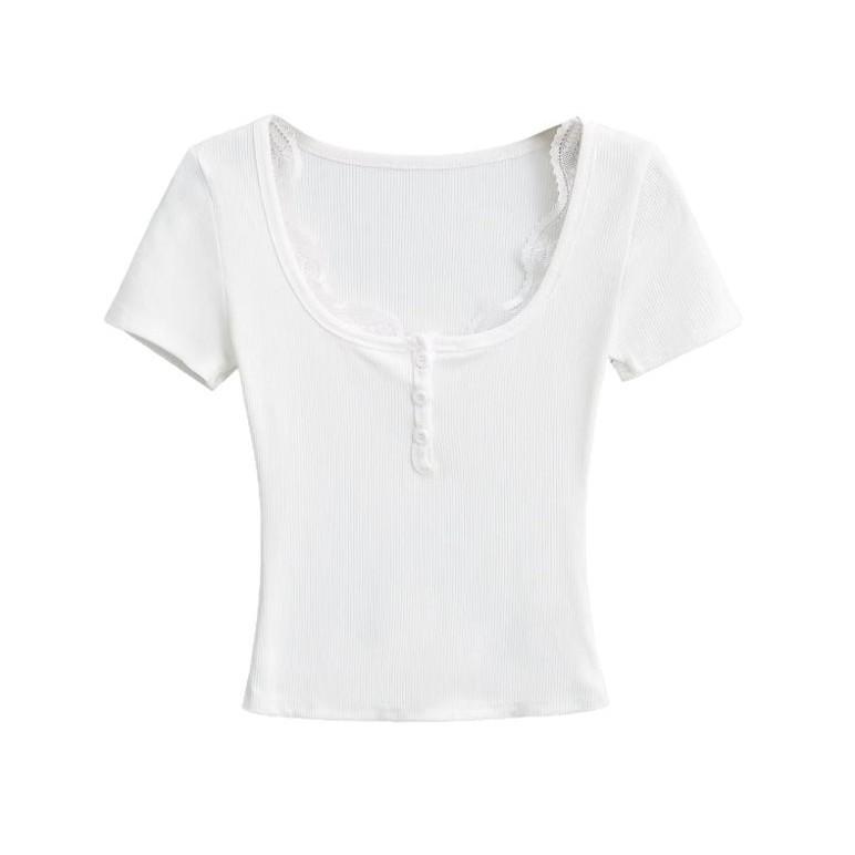 Summer New Female Spice Girl Style Contrasting Color Lace Square Neck Short-sleeved T-shirt Slim-fitting Design Bottoming Top