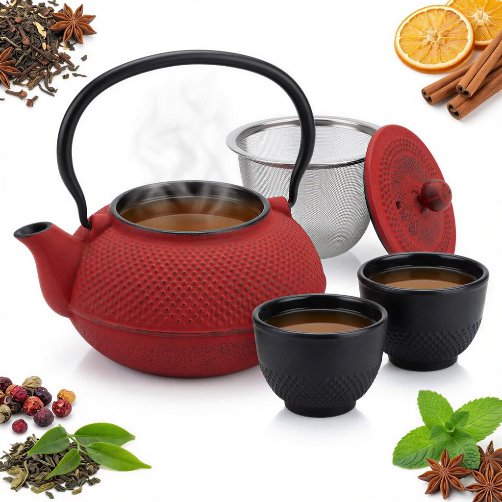 KETTLE 1.5 L CAST IRON TEAPOT STRAINER TEA INFuser SET + 2x CUPS