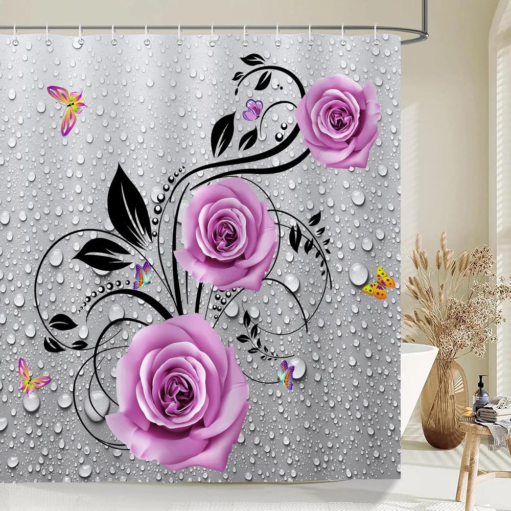 Jy01Pink Roses Flowers And Butterflies Shower Curtain Print Modern Nordic Minimalist Polyster Home Decor Bathroom Curtain With@1