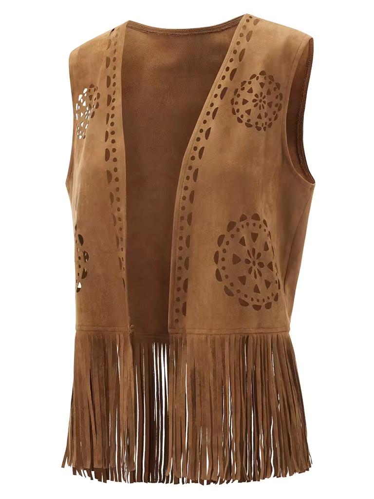 Damen Frühling/Sommer Ärmelloser Cardigan mit Fransen, Unifarbene Punk-Jacke